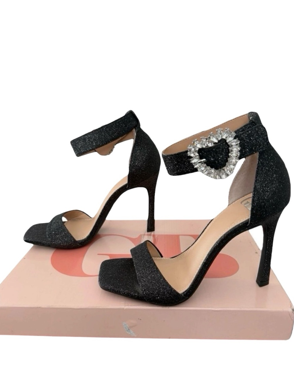 GB Be-Mine Black Glitter Rhinestone Heart Strappy Heels Size 8